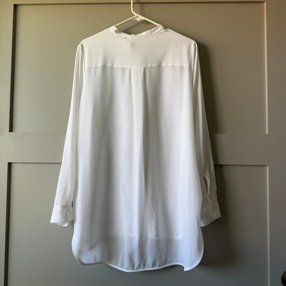 H&M Band Collar Tunic Women Size 12 White Relaxed High Low Button Front Blouse - Picture 6 of 13